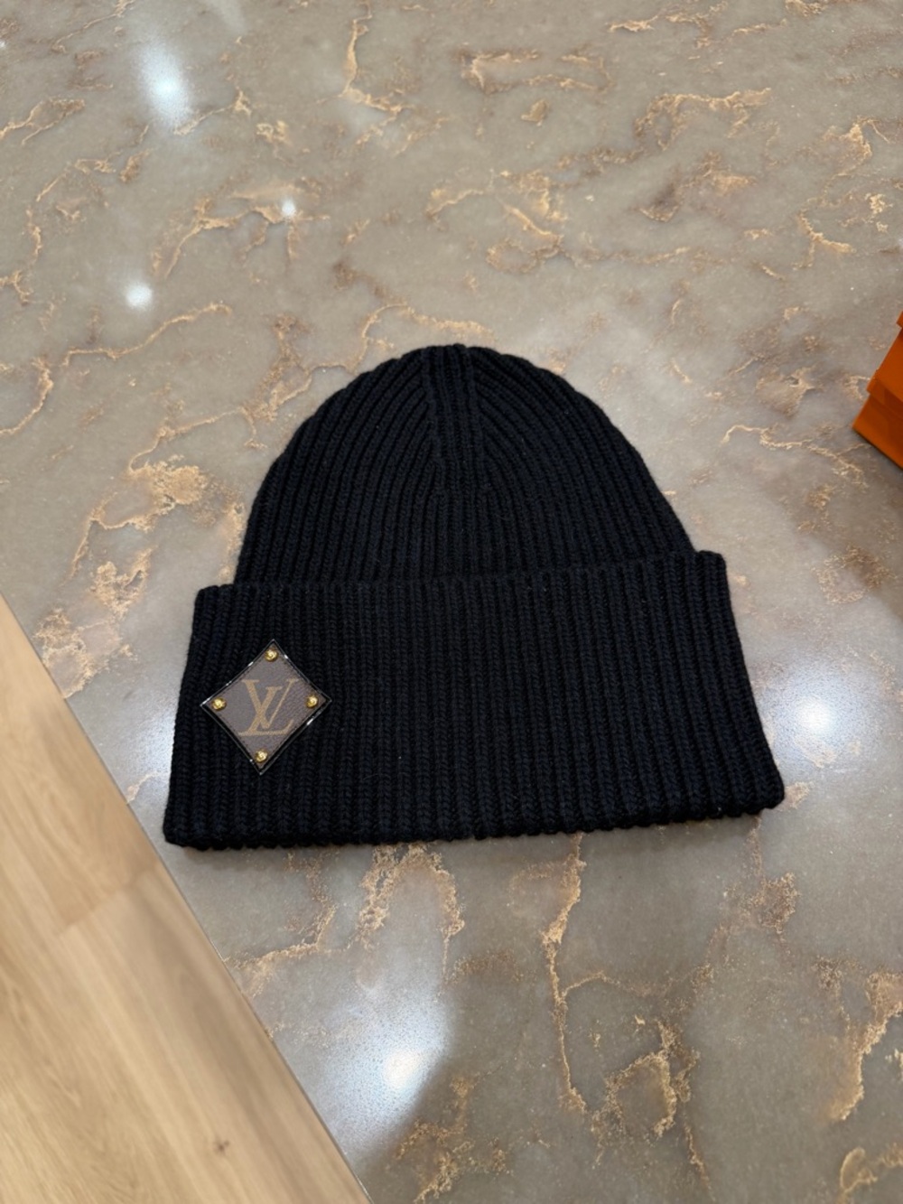 Louis Vuitton Black Ribbed Beanie with LV Canvas Patch